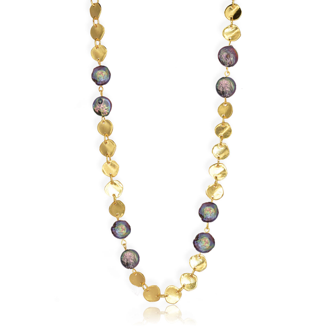Mini coins and peacock pearls long Necklace - Karine Sultan