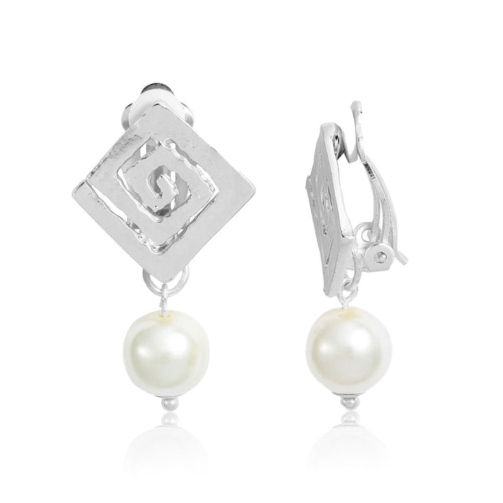 Square Spiral X Pearl Clip Earrings - Karine Sultan