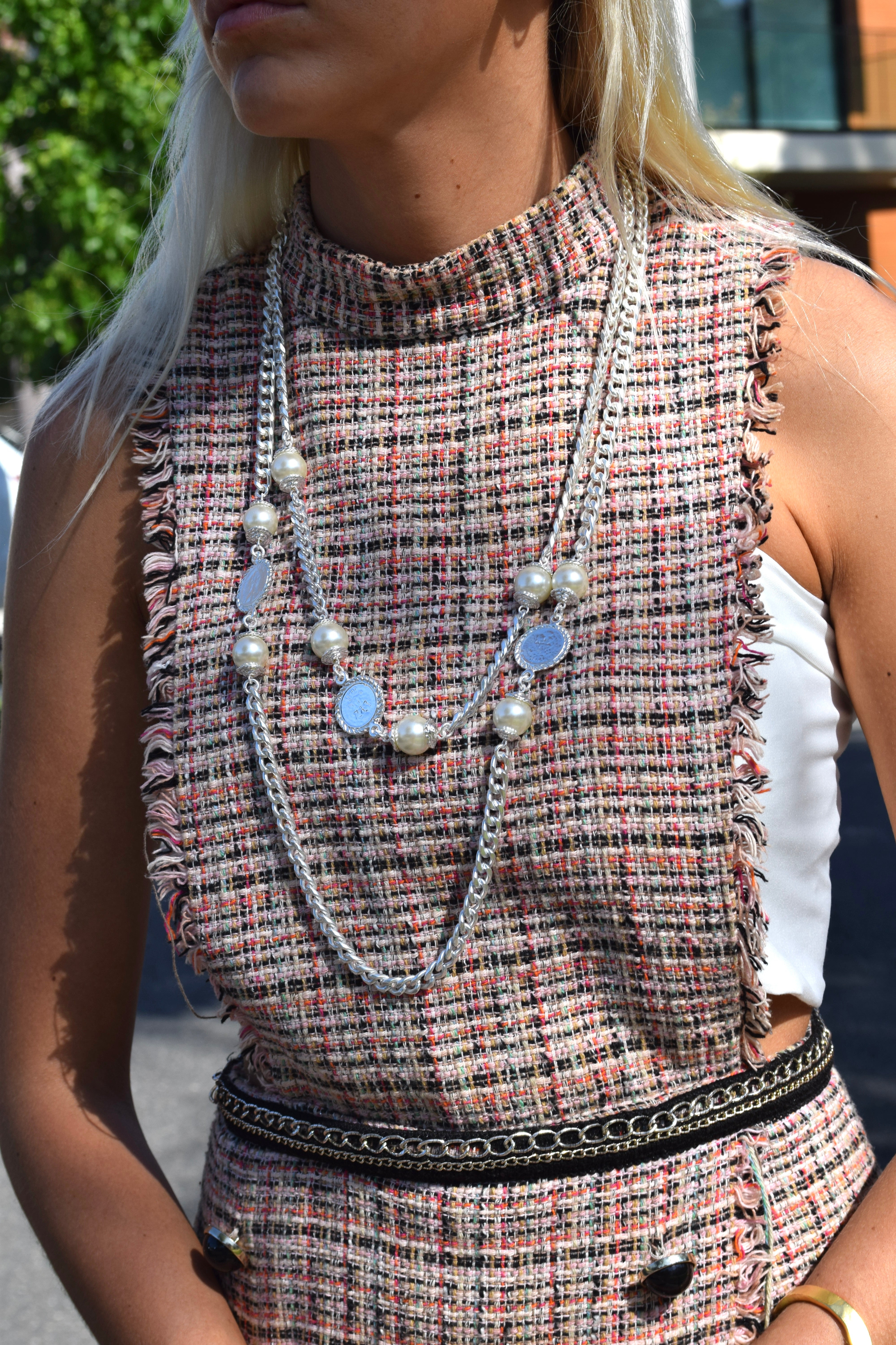 Curb link layered necklace with pearl and coin accent - Karine Sultan