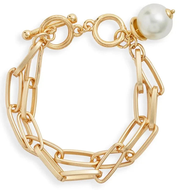 Polished link bracelet with pearl charm -Women-Gold-Gift-Fashion