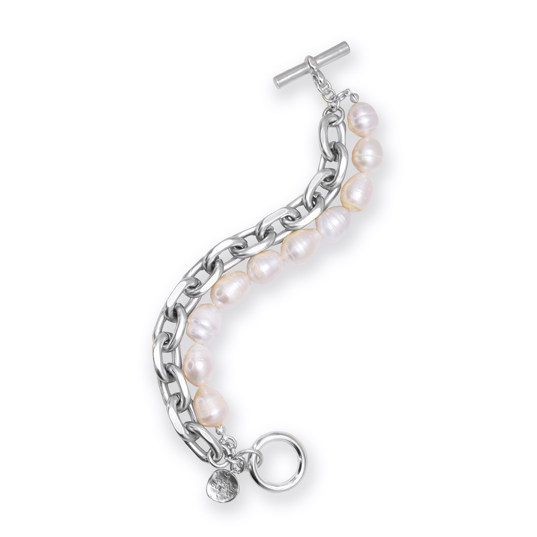 Pearl and cable chain layered bracelet