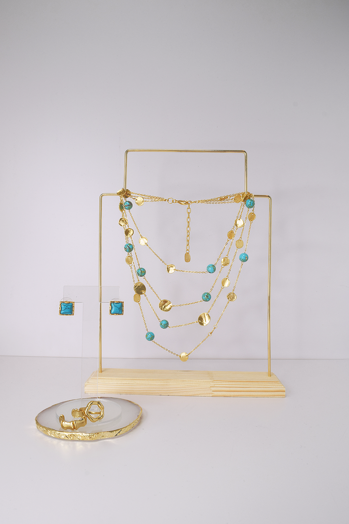 Coin and turquoise pearls multi strand necklace