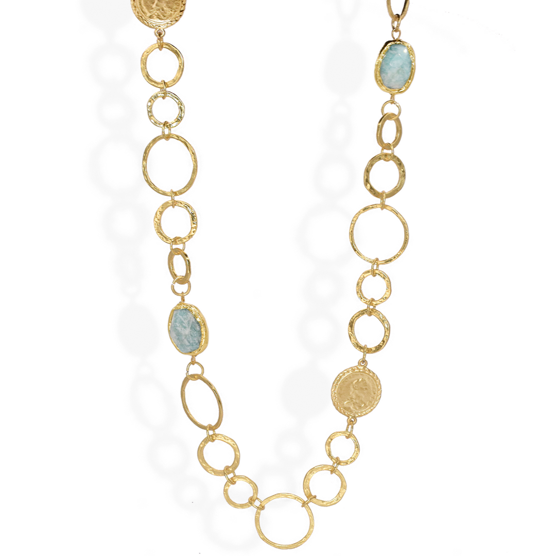 Amazonite Stones and Coins long strand Necklace