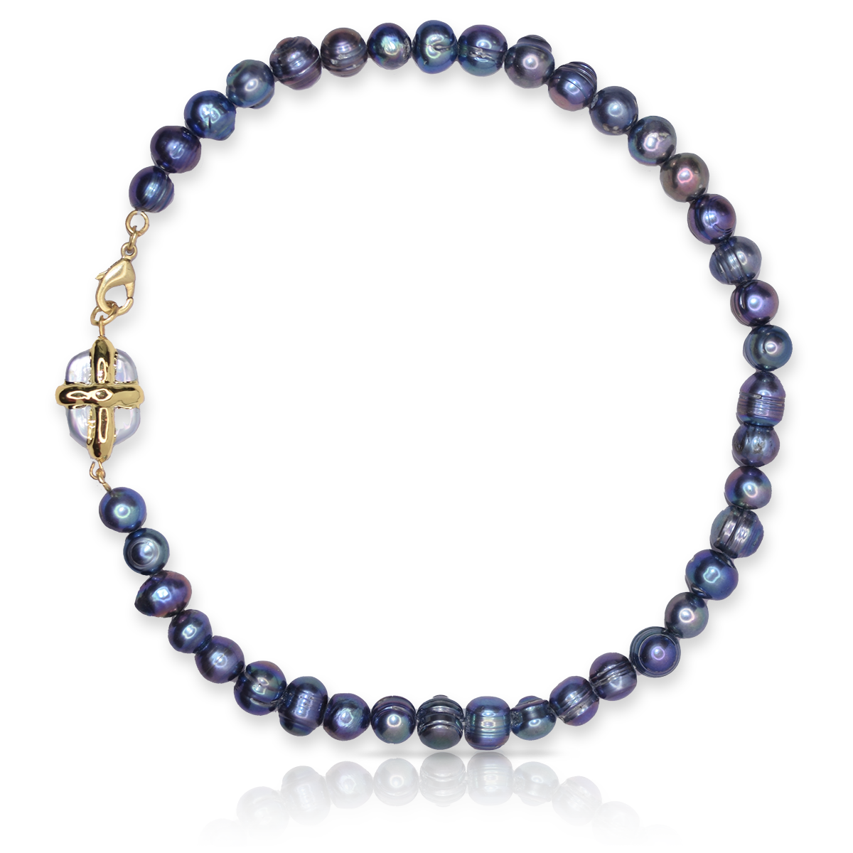 Peacock blue pearl strand necklace with embellished white pearl.