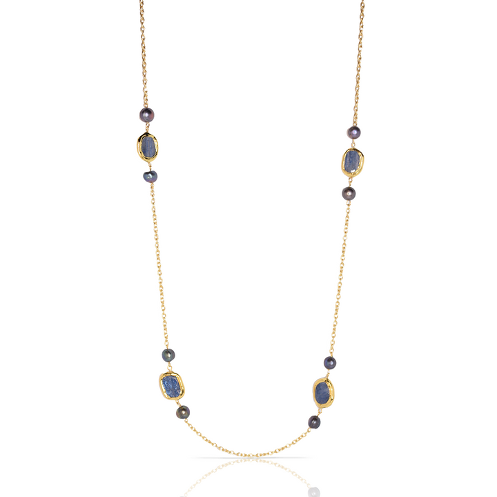 Delicate kyanite gems and blue pearls station necklace