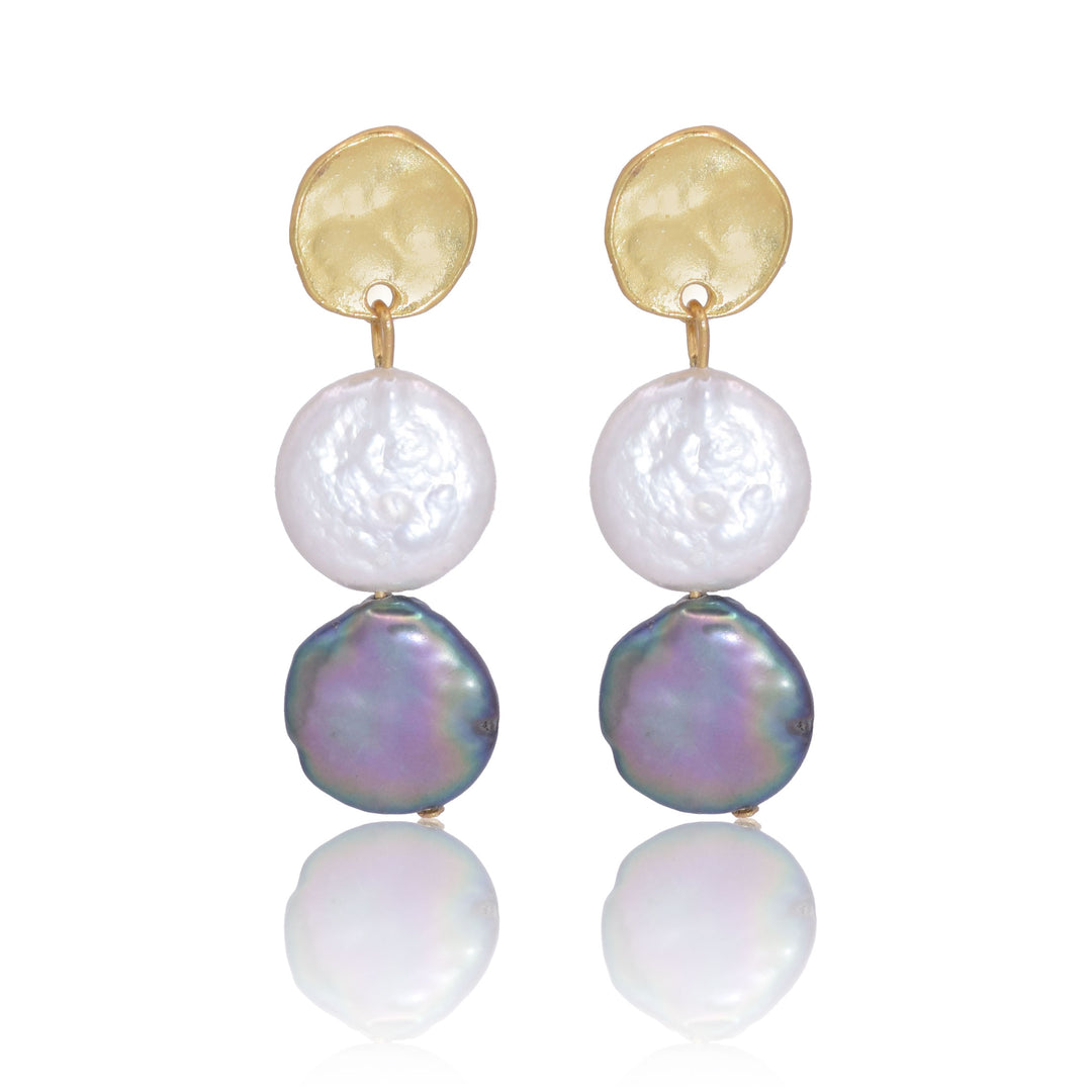 Medallion coin stud earrings with mixed pearl drop - Karine Sultan