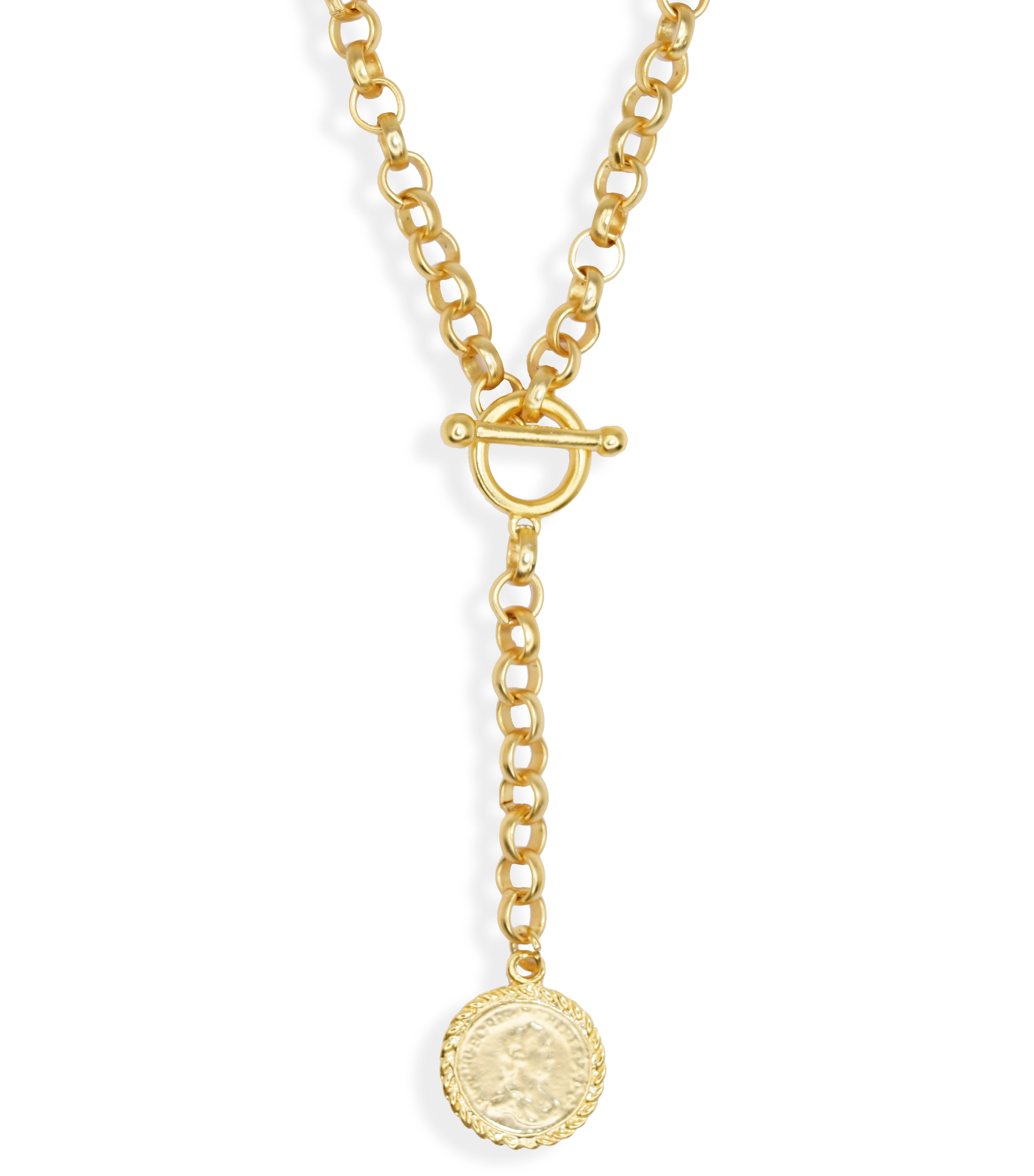 Y link necklace with old world coin pendant