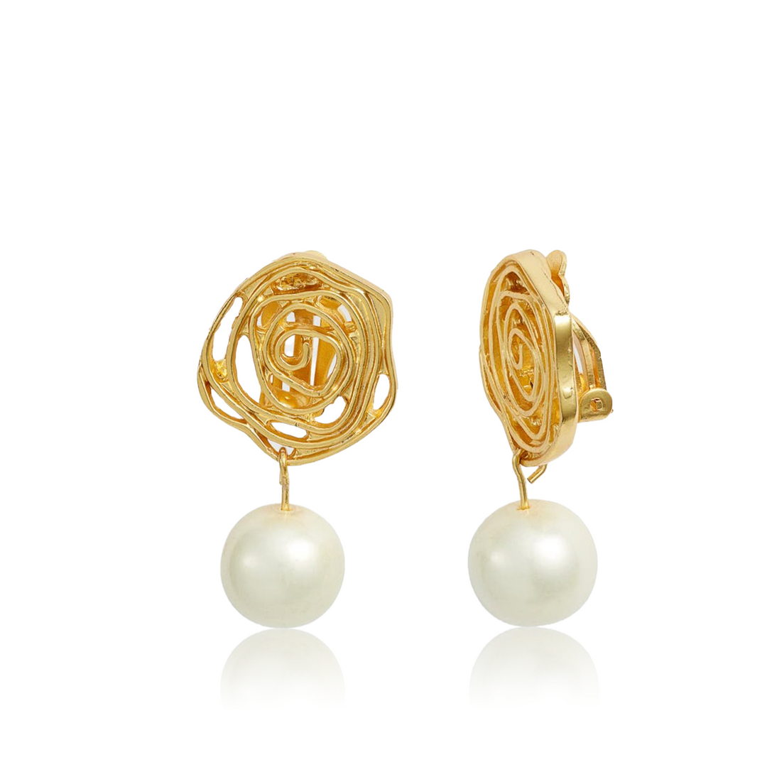 Swirling rose with pearl drop clip-on earrings - Karine Sultan