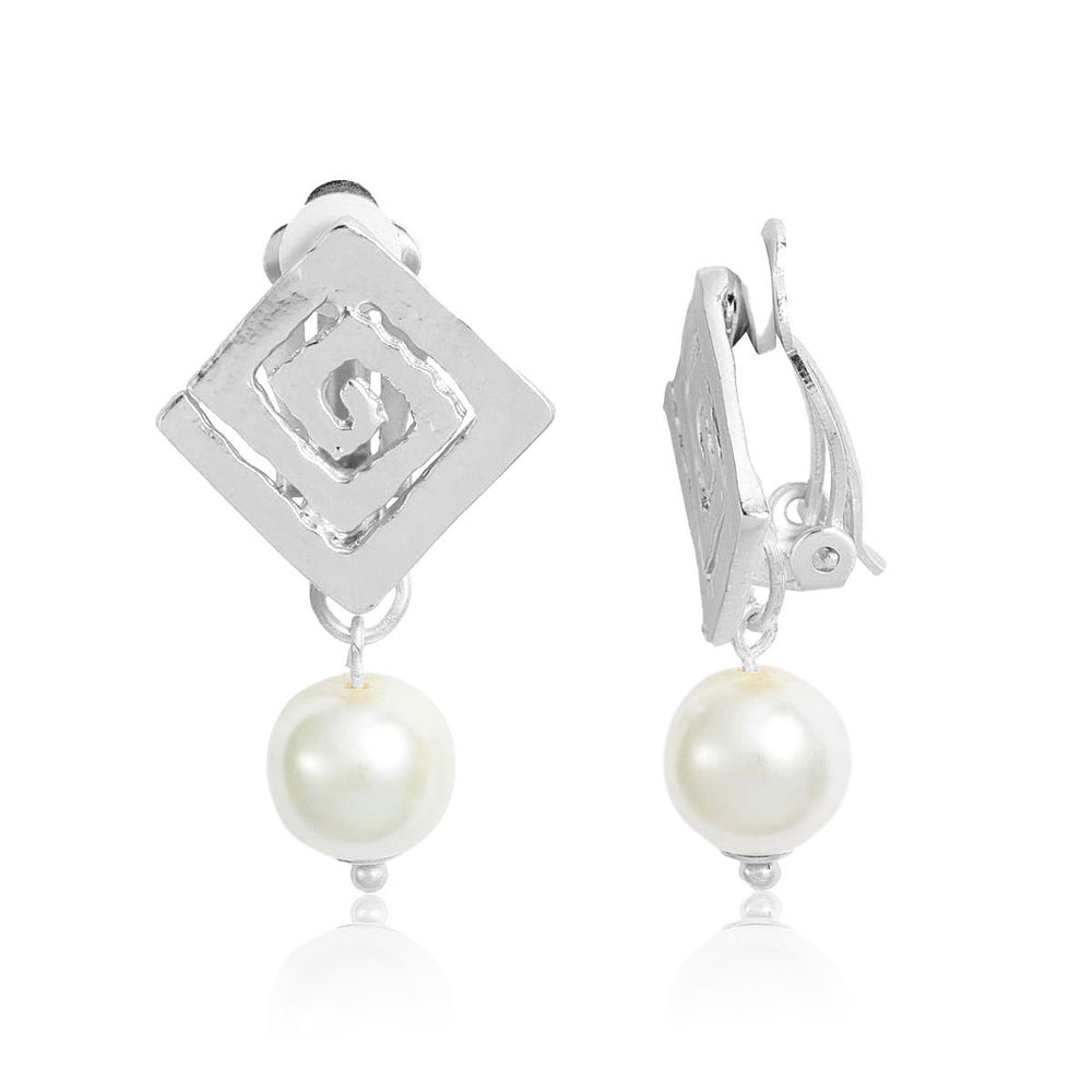 Square Spiral X Pearl Clip Earrings - Karine Sultan