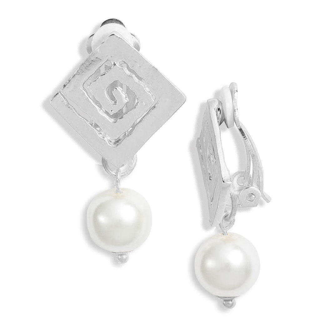 Square spiral pearl drop clip-on earrings - Karine Sultan