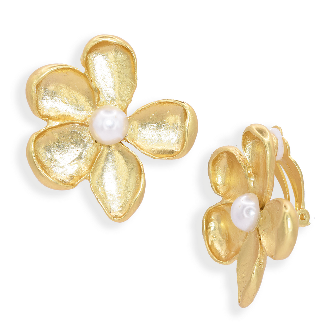 Large flower with pearl clip-on earrings