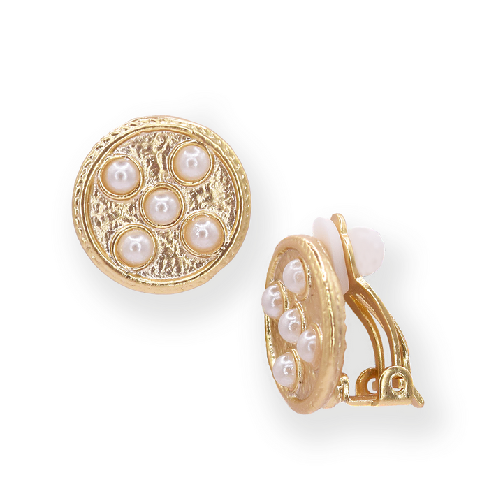 Coin with pearl accent clip-on earrings - Karine Sultan