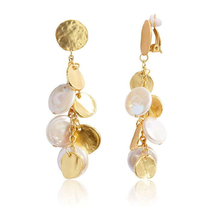 Coin & Pearl Chandelier Clip Earrings