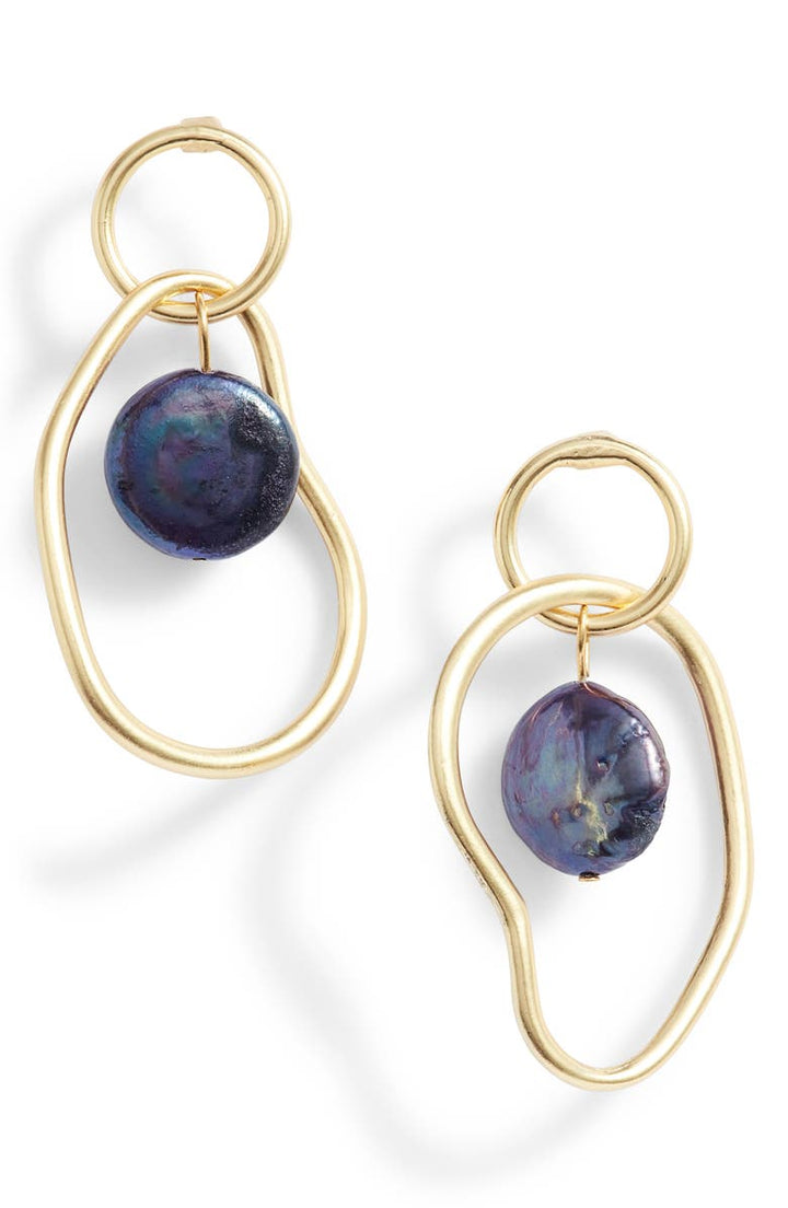 Organic link and peacock pearl drop earrings - Karine Sultan