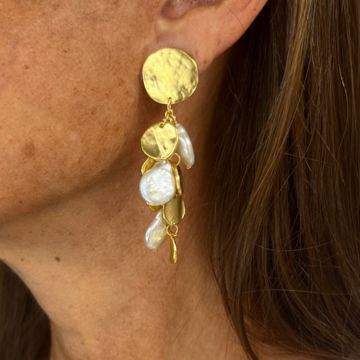Coin & Pearl Chandelier Clip Earrings
