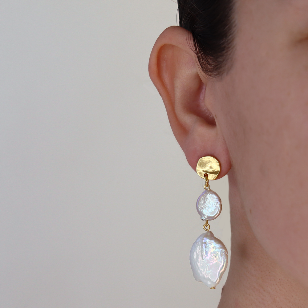 Genuine flat pearl linear drop earrings - Karine Sultan