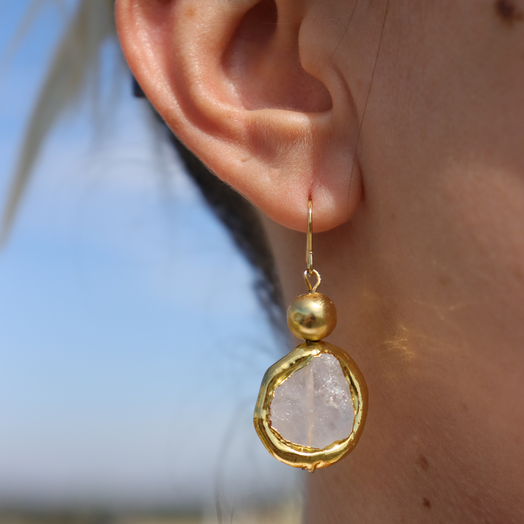 Clear Quartz and gold bead dangle Earrings