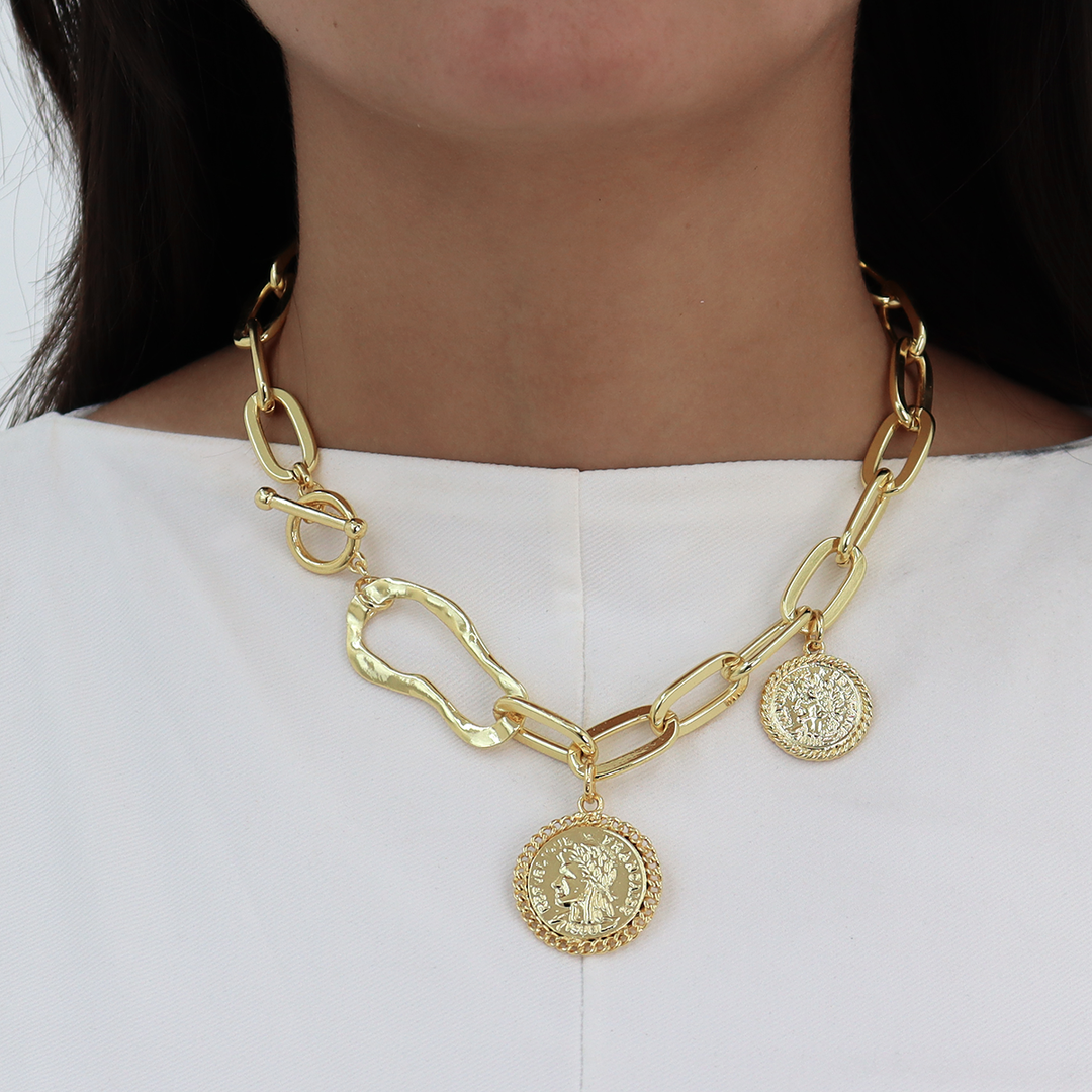 Coin Dangle Collar Necklace: Perfect for Layering – Karine Coin Dangle Collar Necklace: Perfect for Layering – Karine