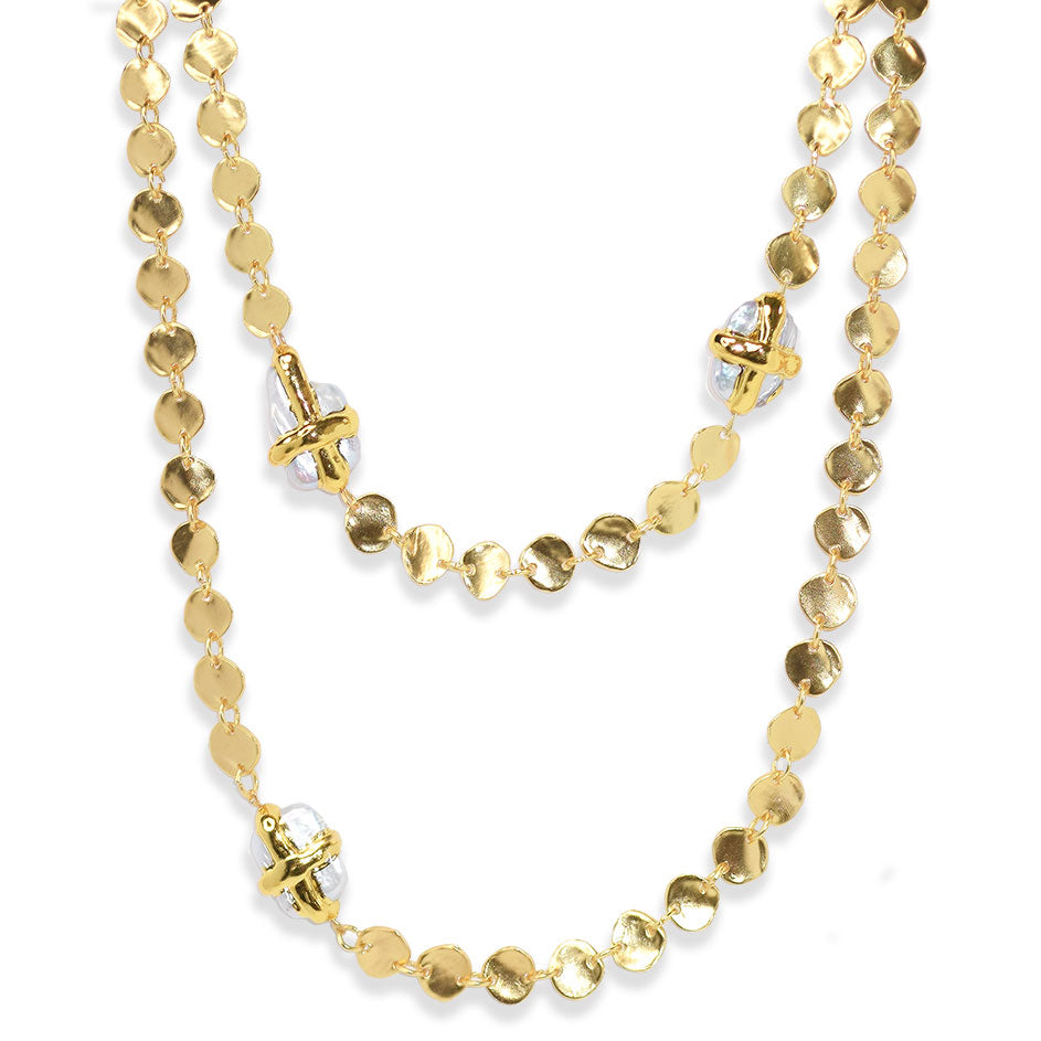 Medallion disc and embellished fresh waterpearls layered necklace