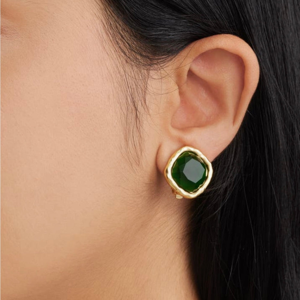 Emerald Green Bezel Clip-On Earring worn on brunette model showing deep green faceted glass
