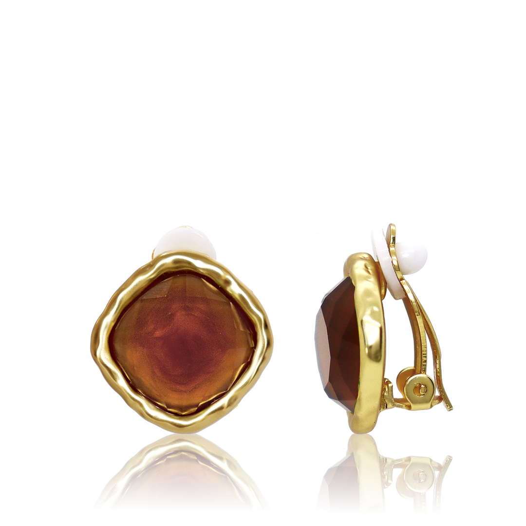 Espresso Bezel Clip-On Earrings with faceted brown glass, irregular gold plated bezels and padded clips