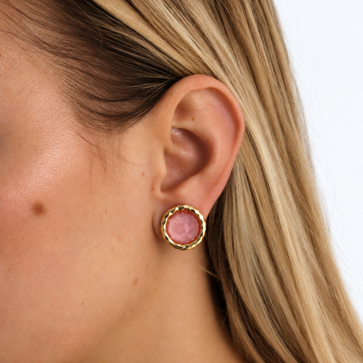 Peony Pink Bezel Round Clip-On Earring worn close up showing softly faceted pink glass