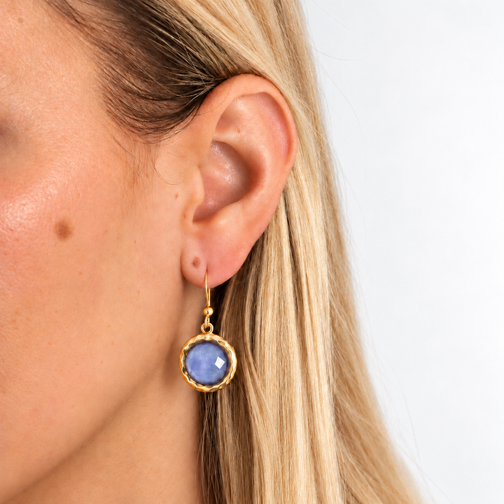 Soft Denim Blue Bezel Round Dangle Earrings worn close up showing round glass pendant