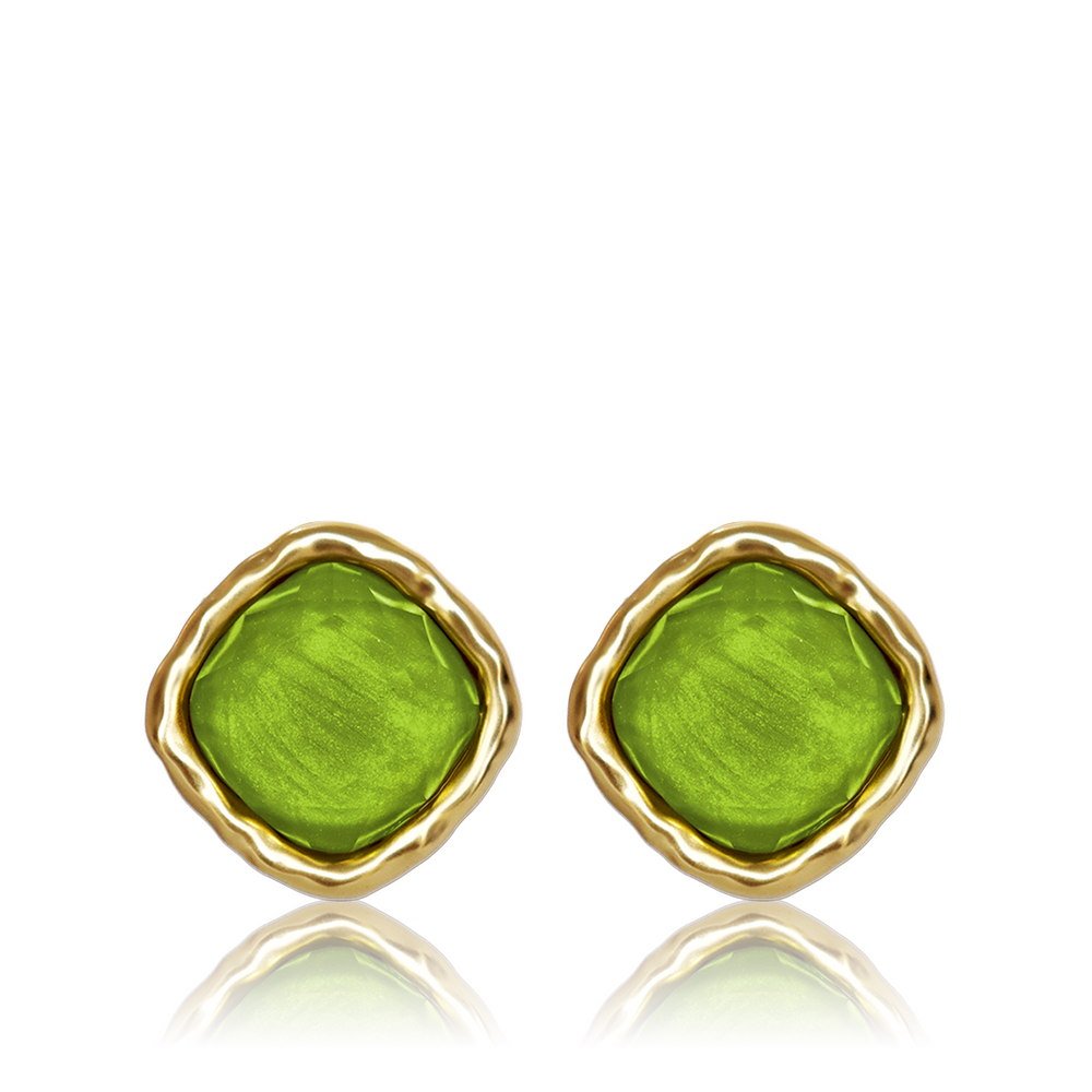 Apple Green Bezel Stud Earrings with sculpted gold plated frame