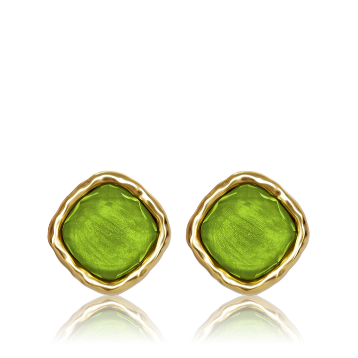 Apple Green Bezel Stud Earrings with sculpted gold plated frame