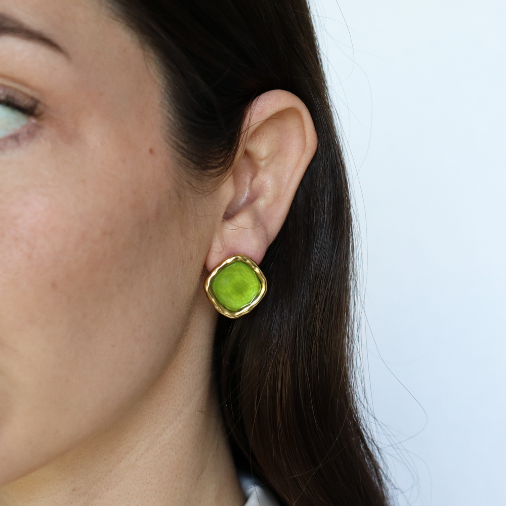 Apple Green Bezel Stud Earrings worn on model