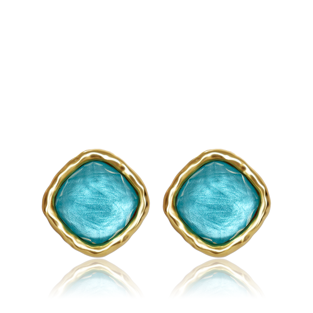 Iridescent Aquamarine Bezel Stud Earrings with softly faceted glass