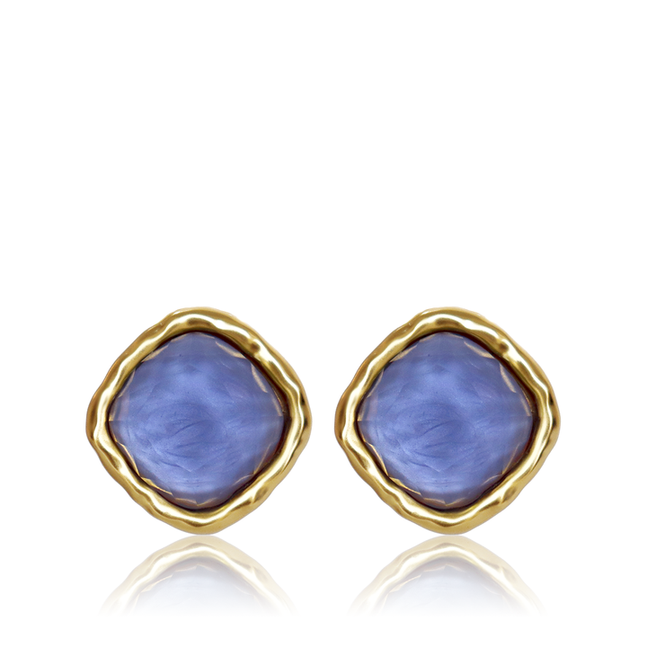 Soft Denim Blue Bezel Stud Earrings with organic 24K gold plated frame