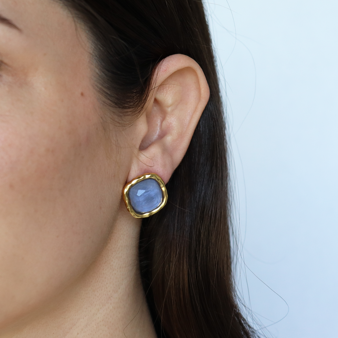 Soft Denim Blue Bezel Stud Earrings worn with post-back closure