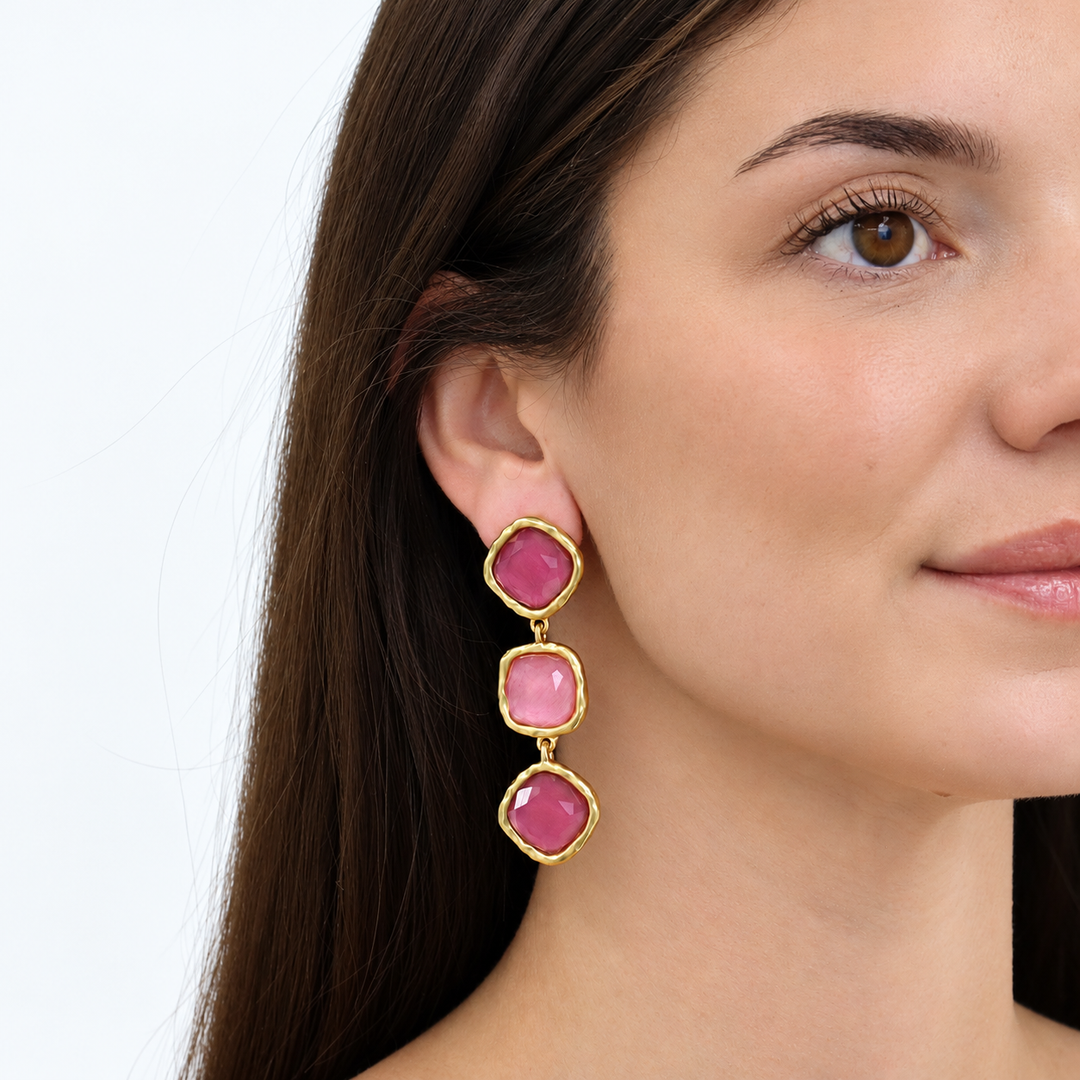 Peony Pink Bezel Trio Clip-On Earrings worn on model showing three pink stones