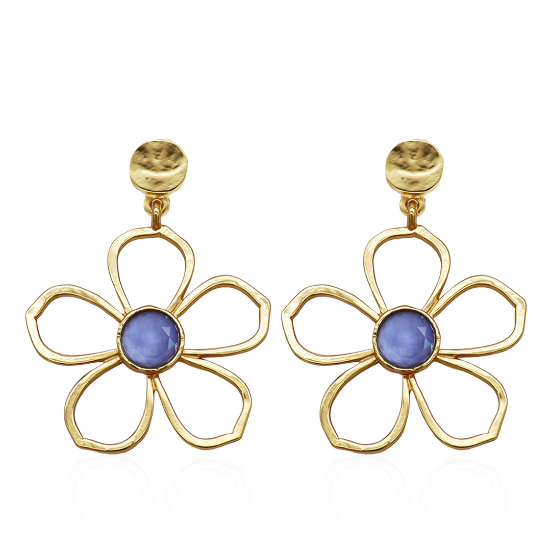 Soft Denim Blue Bloom Drop Earrings with open gold plated petals