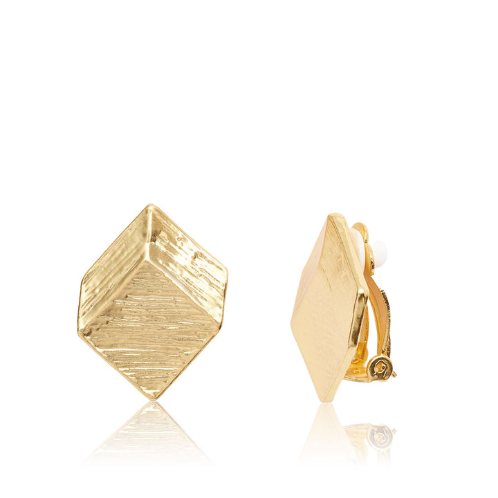Gold Brushed Square Clip-On Earrings with sculpted diamond-shaped squares and textured brushed lines