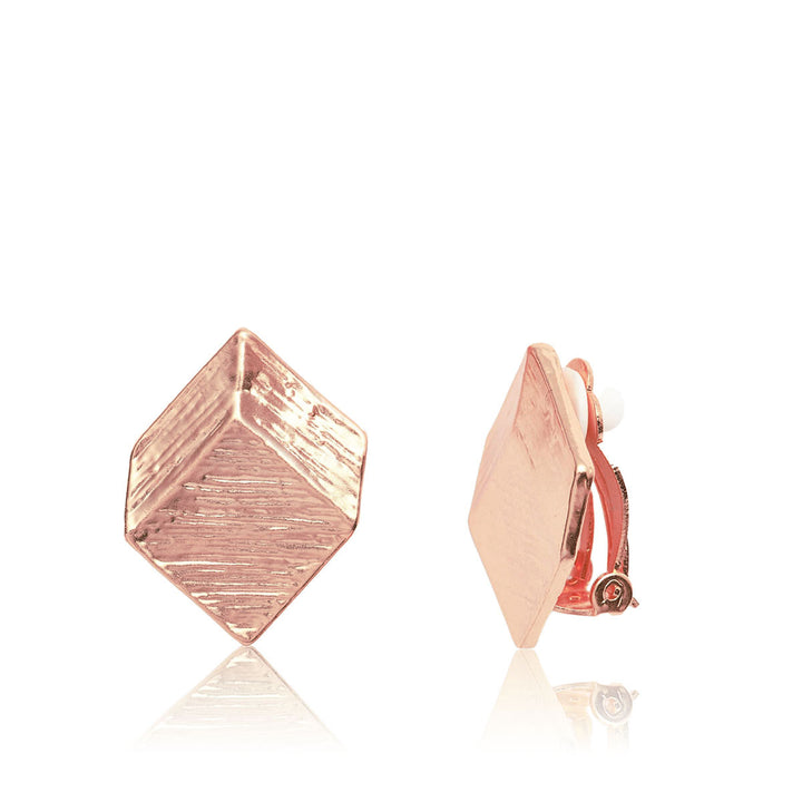 Rose Gold Brushed Square Clip-On Earrings with sculpted angular faces and textured metal finish