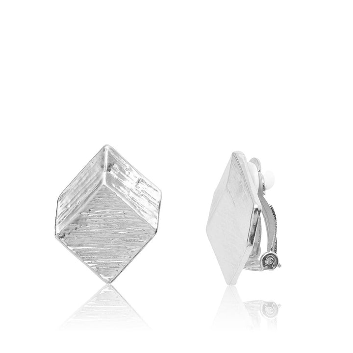 Silver Brushed Square Clip-On Earrings with dimensional square plates and directional brushed texture