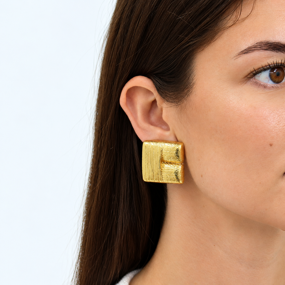 Brushed Texture Square Clip-On Earring worn close up showing contrasting textured sections