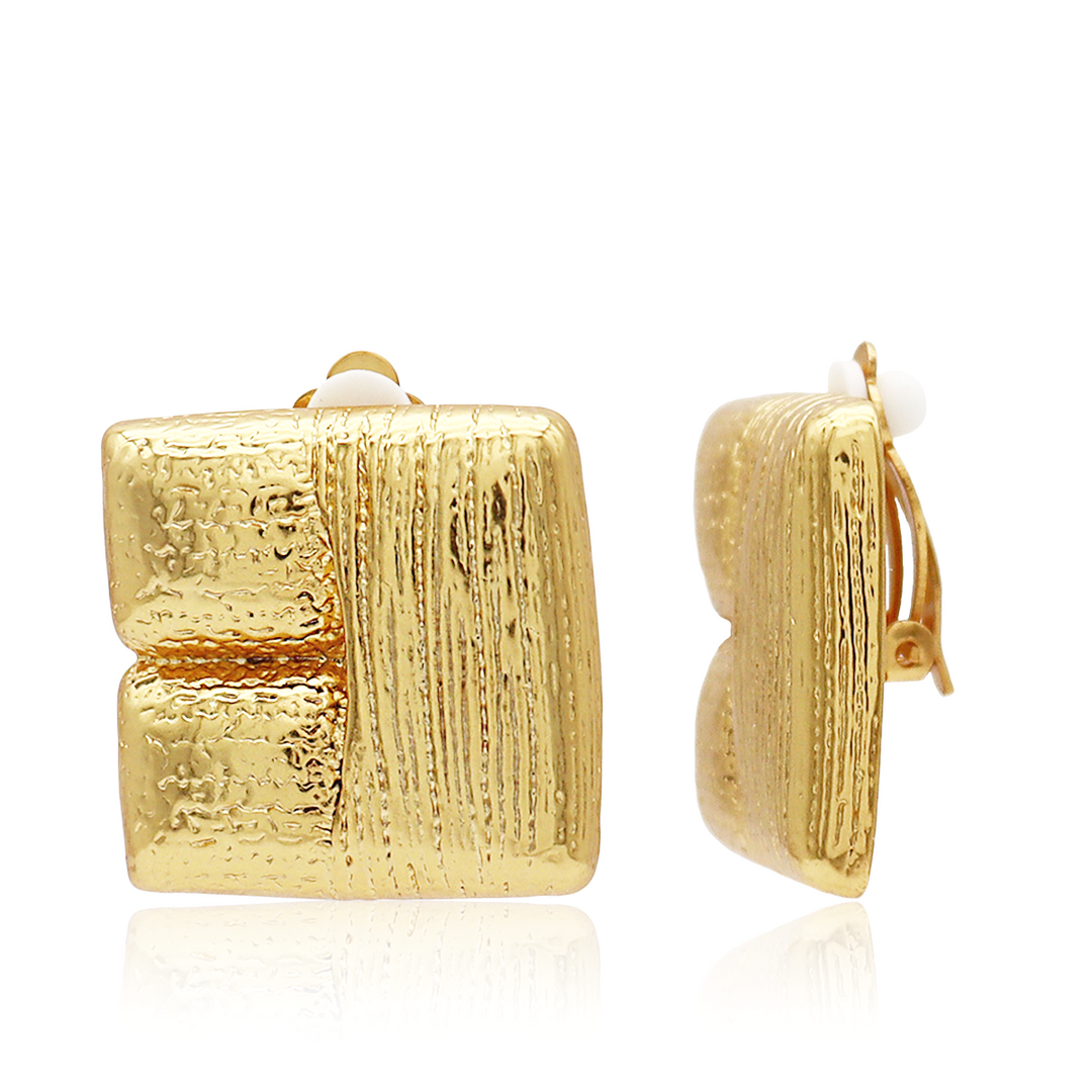 Brushed Texture Square Clip-On Earrings with linear grooves, hammered details and padded clips