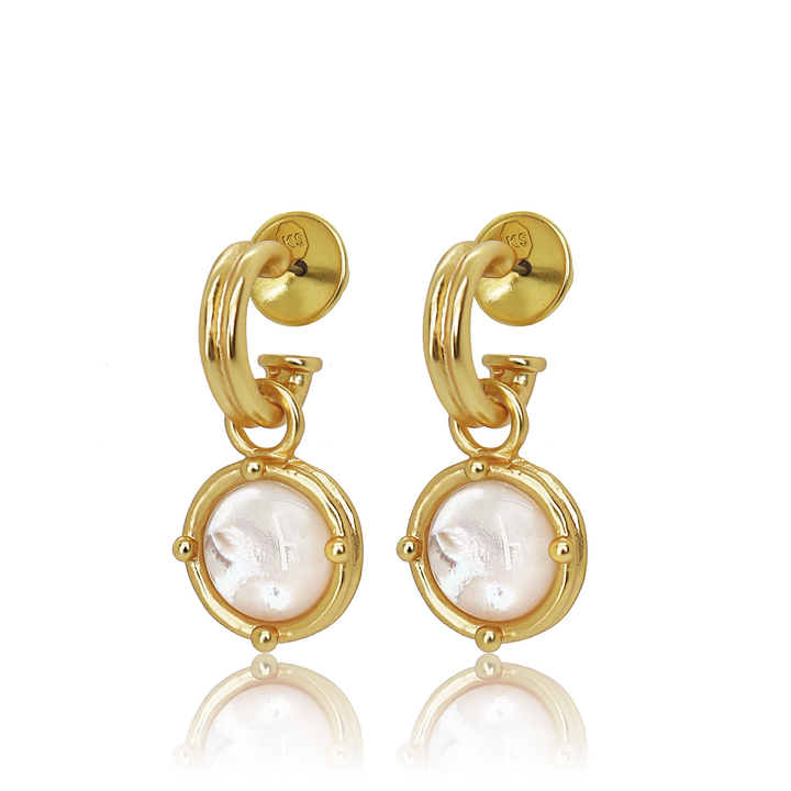 Mother of Pearl Cabochon Charm Hoop Earrings displayed as pair with pearlescent discs and post backs