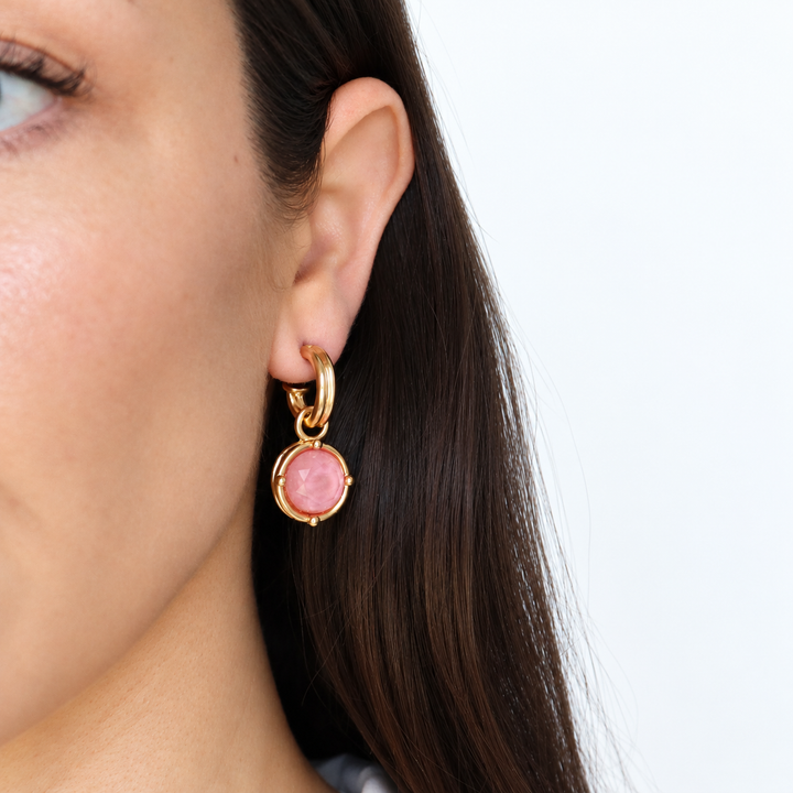 Peony Pink Cabochon Charm Hoop Earrings worn showing pink faceted glass and gold plated hoops