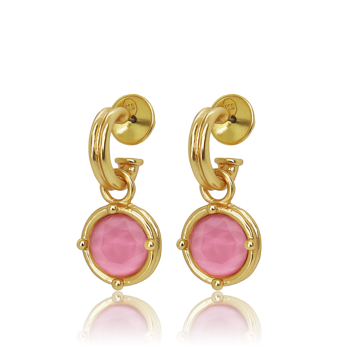 Peony Pink Cabochon Charm Hoop Earrings displayed as pair showing round glass and post backs