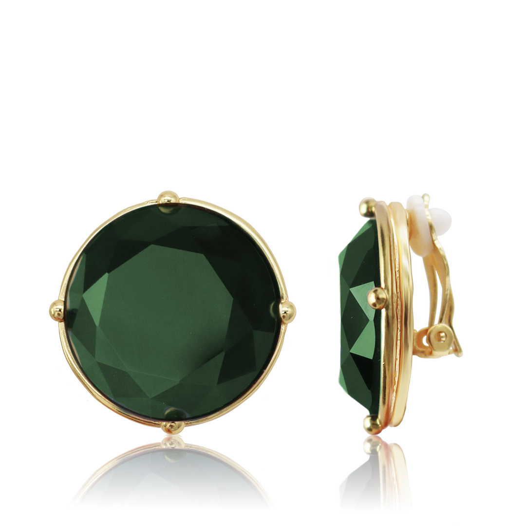Emerald Green Cabochon Clip-On Earrings with 24K gold plated frame