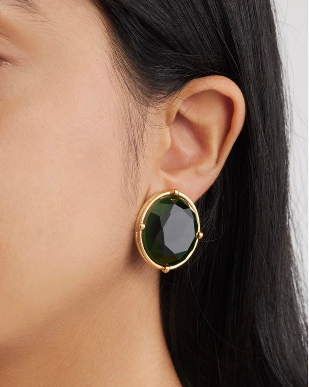 Emerald Green Cabochon Clip-On Earrings worn on model
