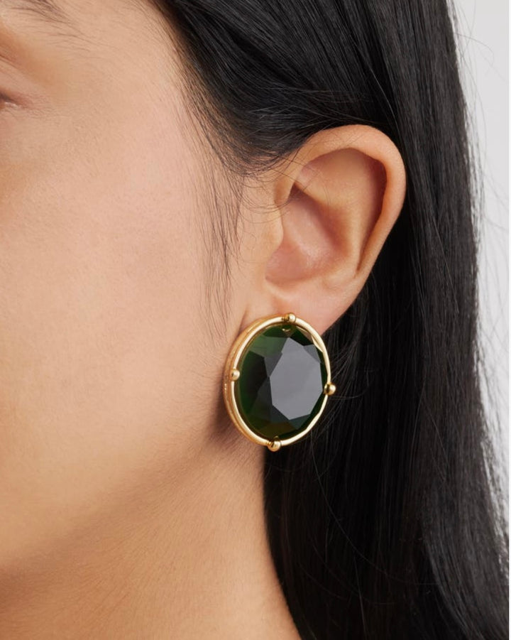 Emerald Green Cabochon Clip-On Earrings worn on model