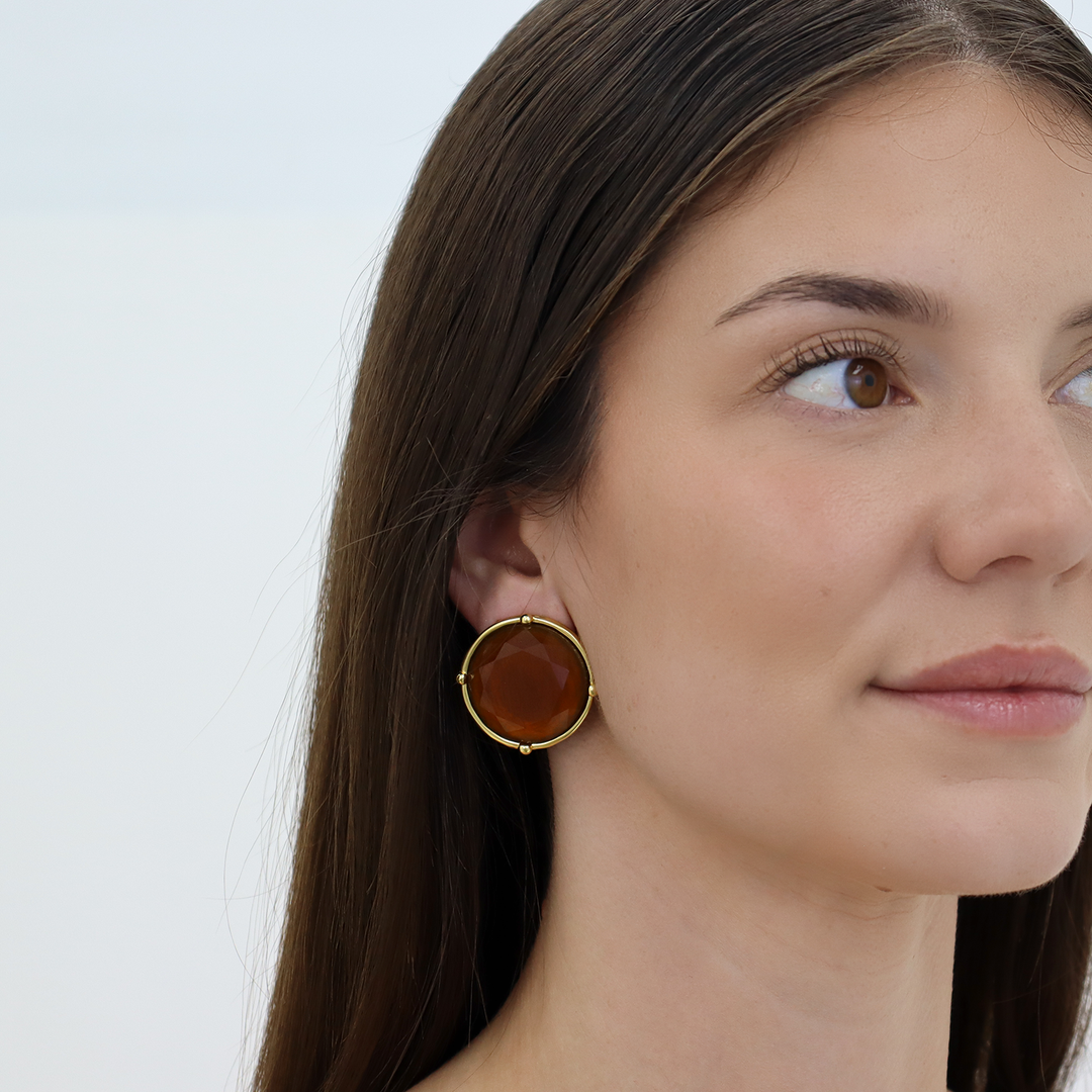 Espresso Cabochon Clip-On Earrings worn on model