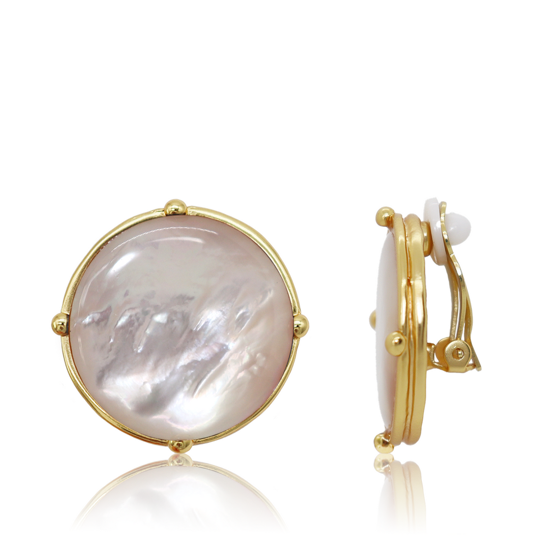 Mother of Pearl Cabochon Clip-On Earrings with gold plated frame