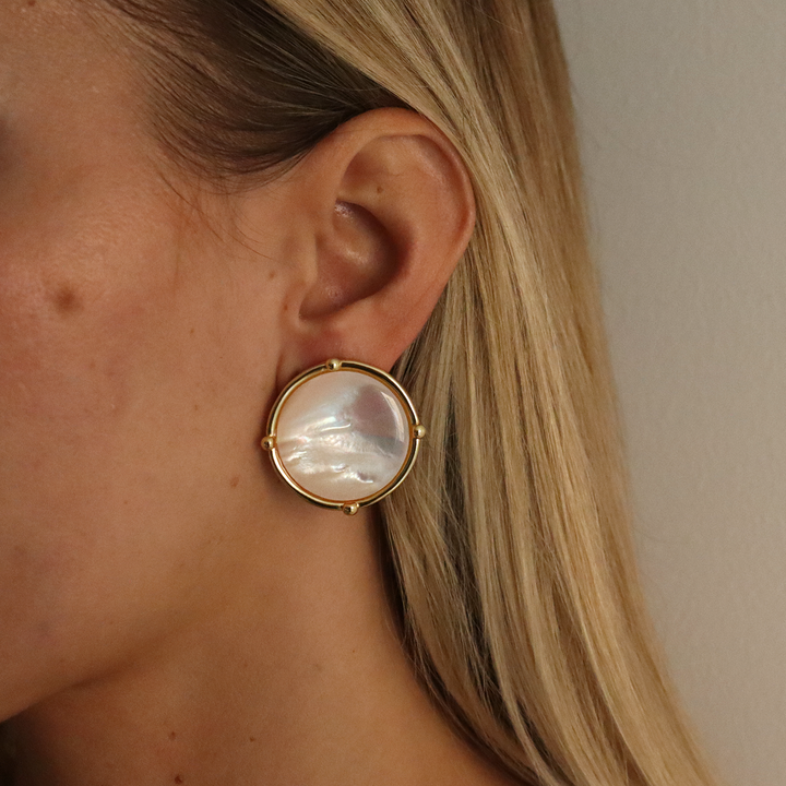 Mother of Pearl Cabochon Clip-On Earrings worn on model