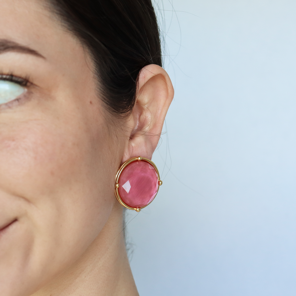Peony Pink Cabochon Clip-On Earrings worn on model